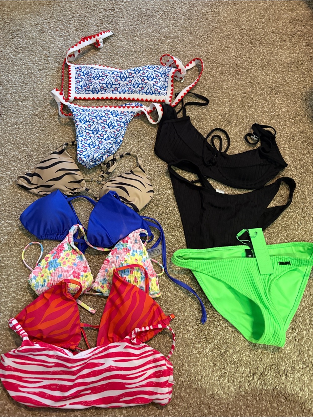 Swimwear Bundle Black and Neon Green Bikini Bottom Set and a bunch of tops